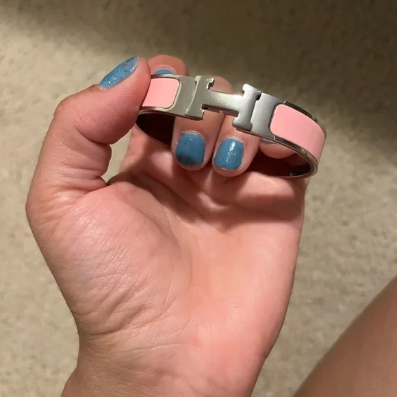 Hermes Inspired Pink Enamel H Bangle Bracelet Silver Tone - Picture 3 of 5